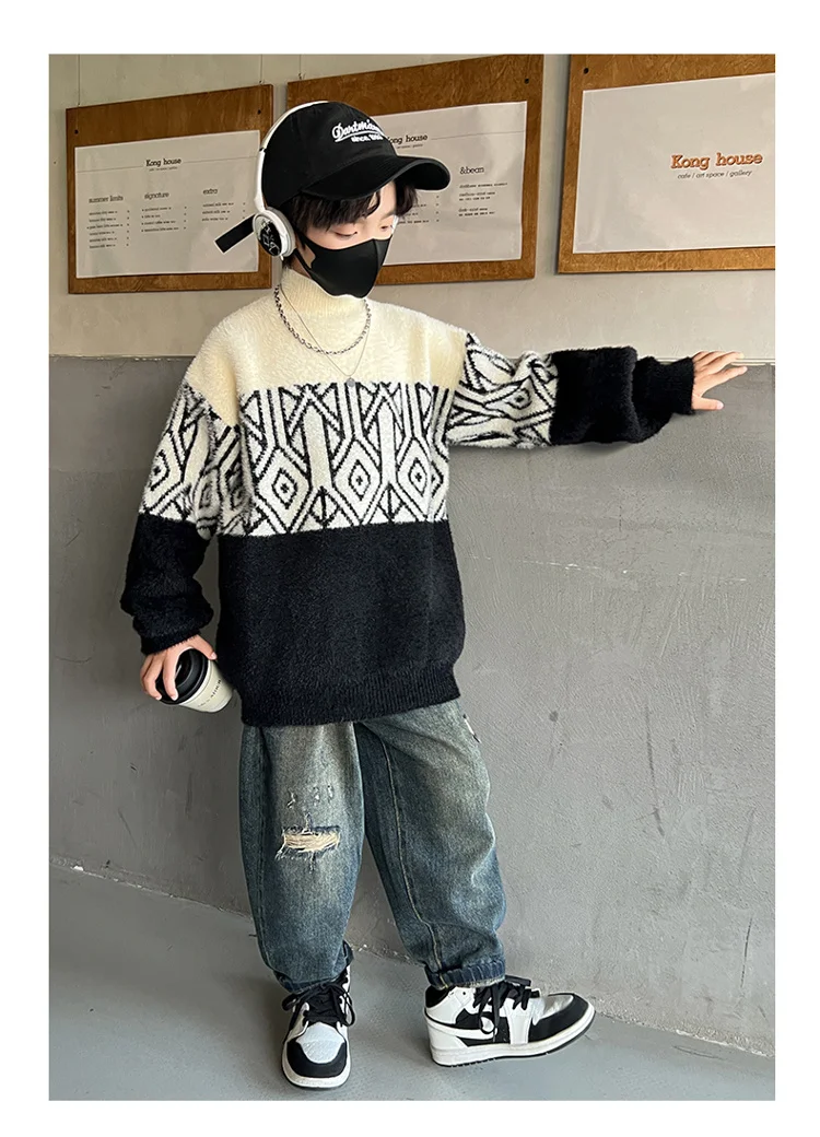 Frühlingsmode Jungen Nerzpullover für 5-14-Jährige Kinder Geometrische Strickwaren Eleganter Halbrollkragen Gestrickte Kleidung – Detail 9