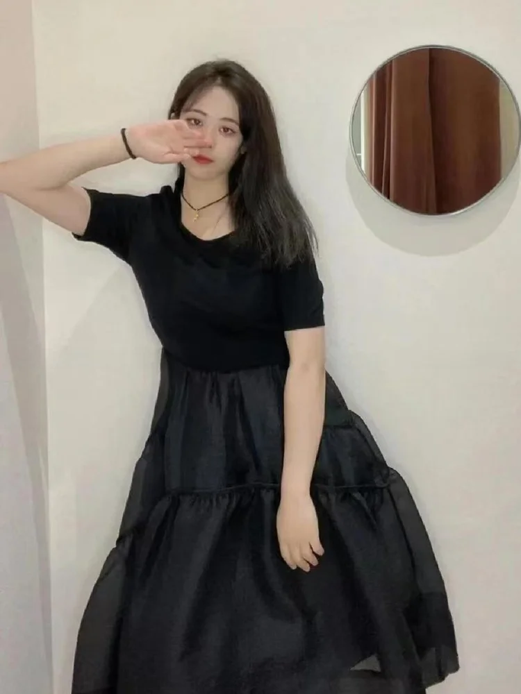 Ele Bla Średniej Długości Dzianinowa Spódnica Damska z Wysokim Stanem w Kształcie Litery A Letnia Nowa Krótka Spódnica z Okrągłym Dekoltem