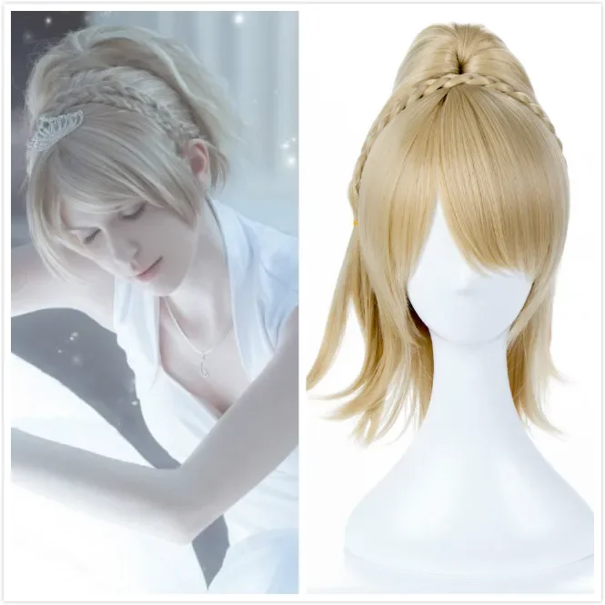 Perruques de queue de cheval synthétiques blondes, tresse de fleur Nox Game Lunafreya, perruques de fête costumée d'Halloween, bonnet de perruque gratuit, degré de chaleur, FF15