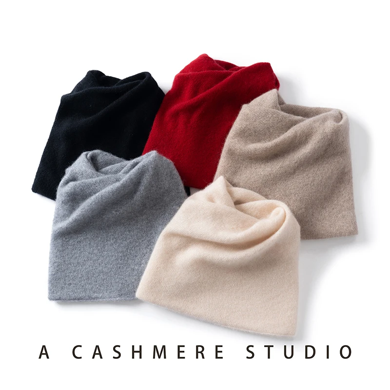 100% Pure Goat Cashmere Hat Autumn Winter Warmth Dual-Use Neck Cover Knitted Cold Hat Stacking Empty Top Design for Men Women