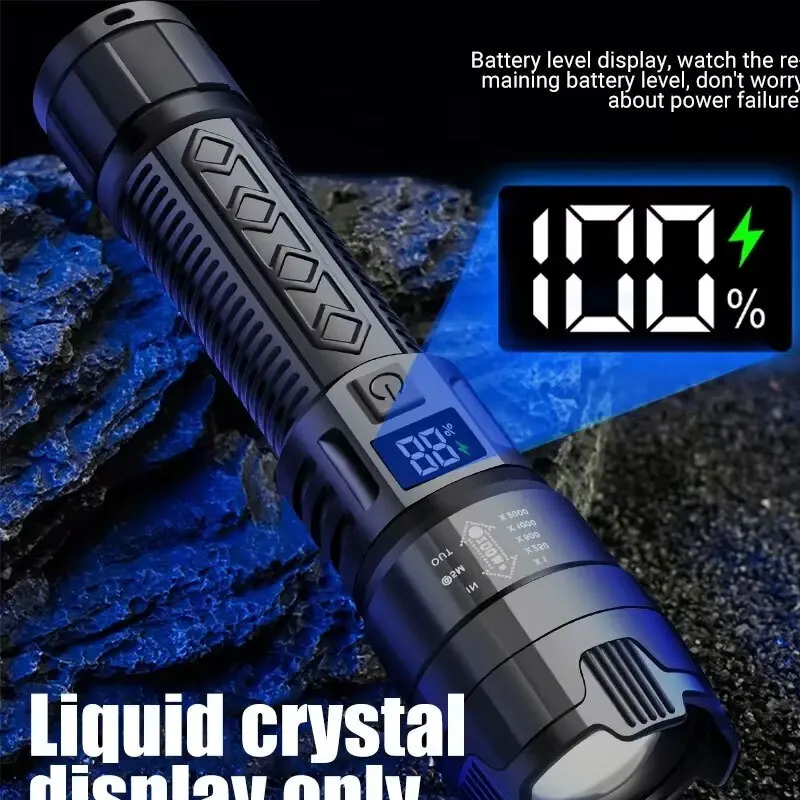 High Strong Power Led Flashlights 2000LM Tactical Torch with Display Light USB Charging Camping Fishing Emergency Zoom Lantern view 4