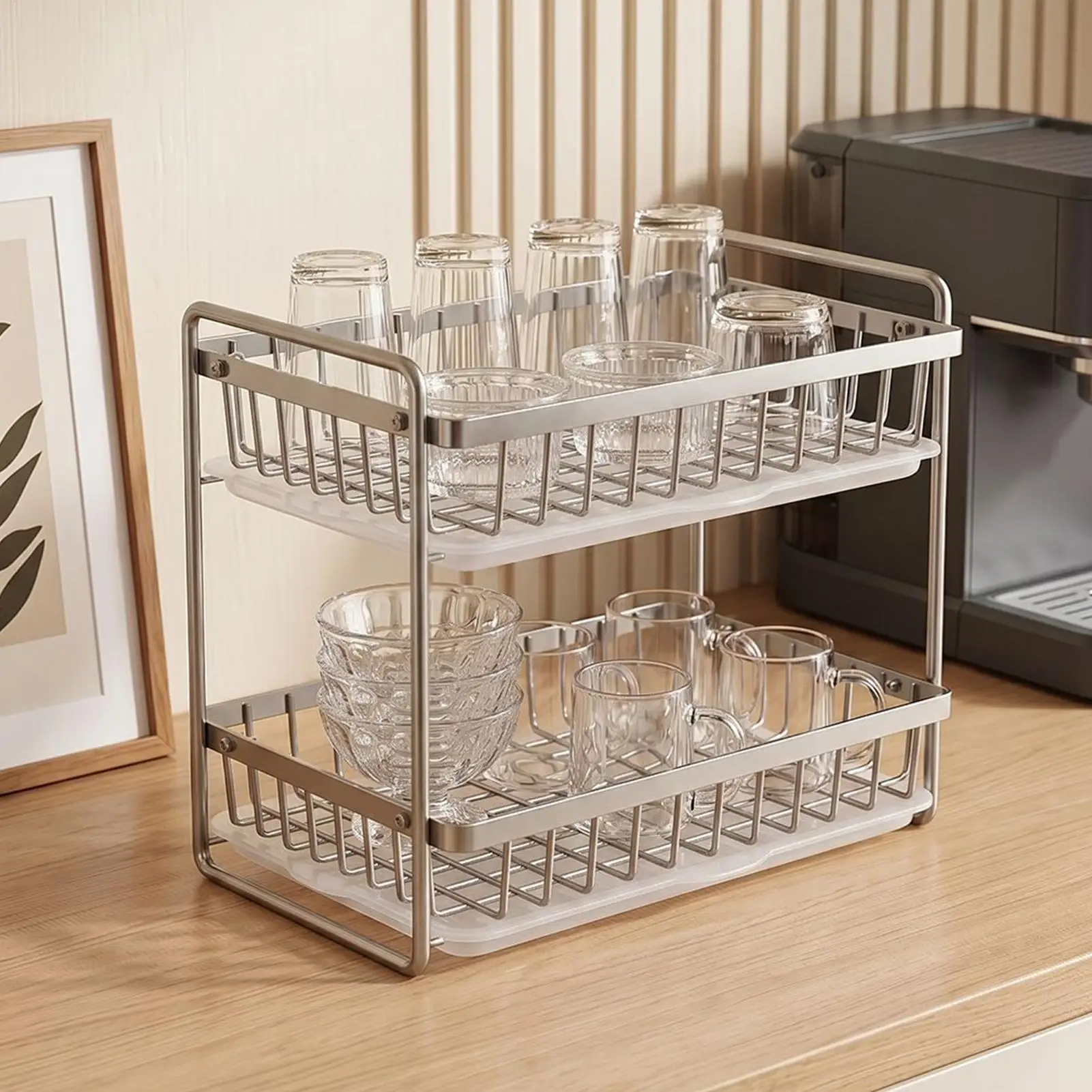 Cup Drying Rack For Counter Rust-Proof Two-Layer Stainless Shelf With Drainage Tray Anti-Moisture Seasoning Rack For Tableware