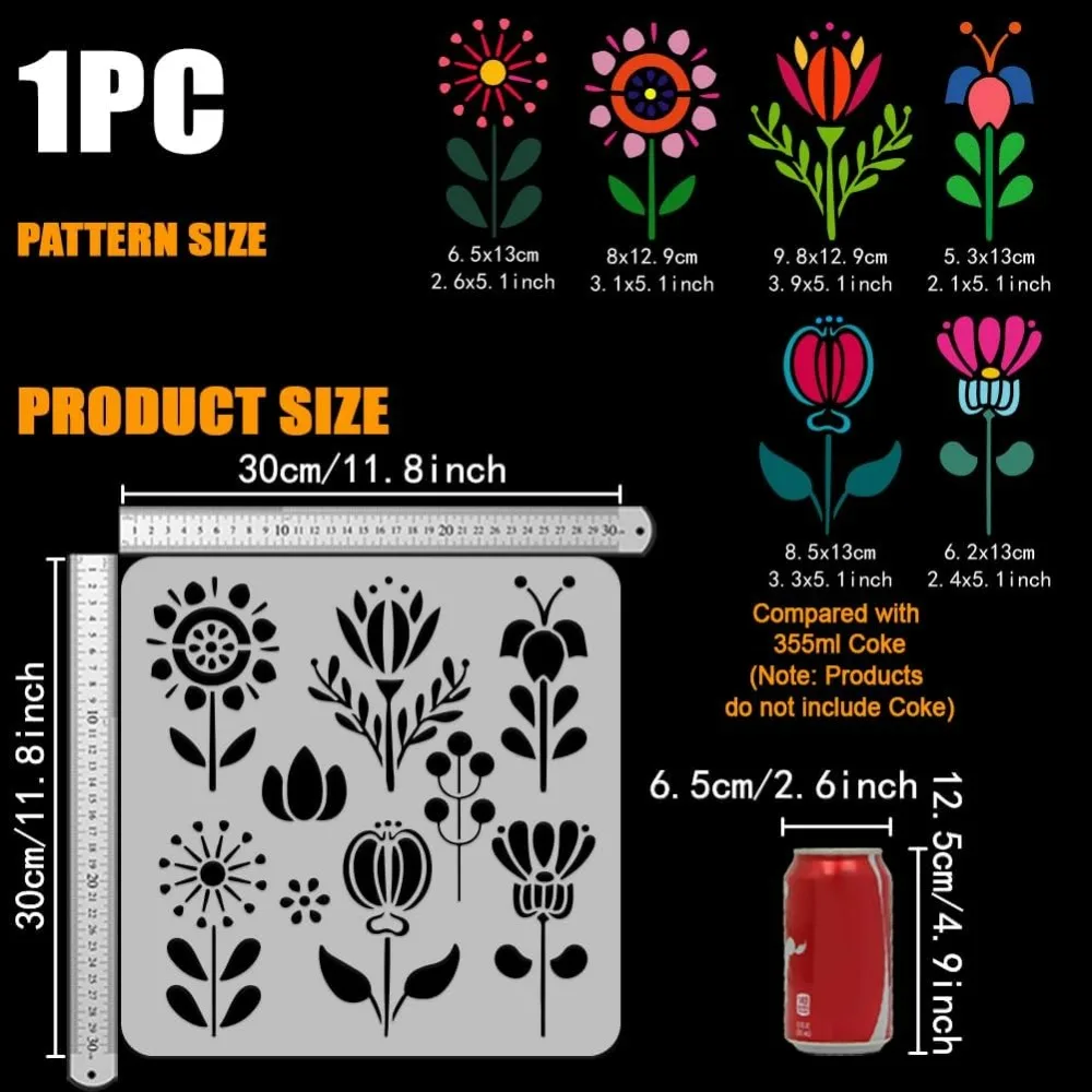 Folk Art Flowers Painting Stencil 11.8x11.8 Inch Reusable Floral Pattern Template for Wood and Furniture - Abstract Folk Design