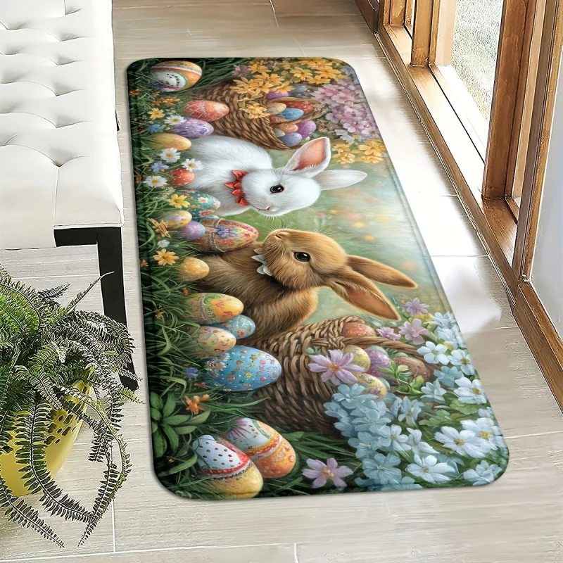 VIKAMA rutschfeste Bodenmatte, Osterhasen-Blumenstreifen-Teppich, Eingangsbereich, Küchenteppich, geeignet für Wohnzimmer, Schlafzimmer, Heimdekoration