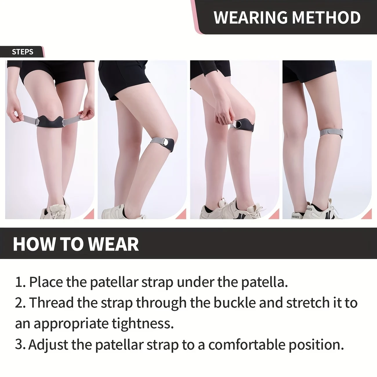 2er-Pack Patella-Bänder mit verstellbarer Metallschnalle, rutschfeste Silikon-Kompressions-Patellasehnenstütze, Kniebandage für Laufen, Seilspringen, Badminton, Bergsteigen, Unisex stoßdämpfendes Kompressions-Patella-S – Detail 5