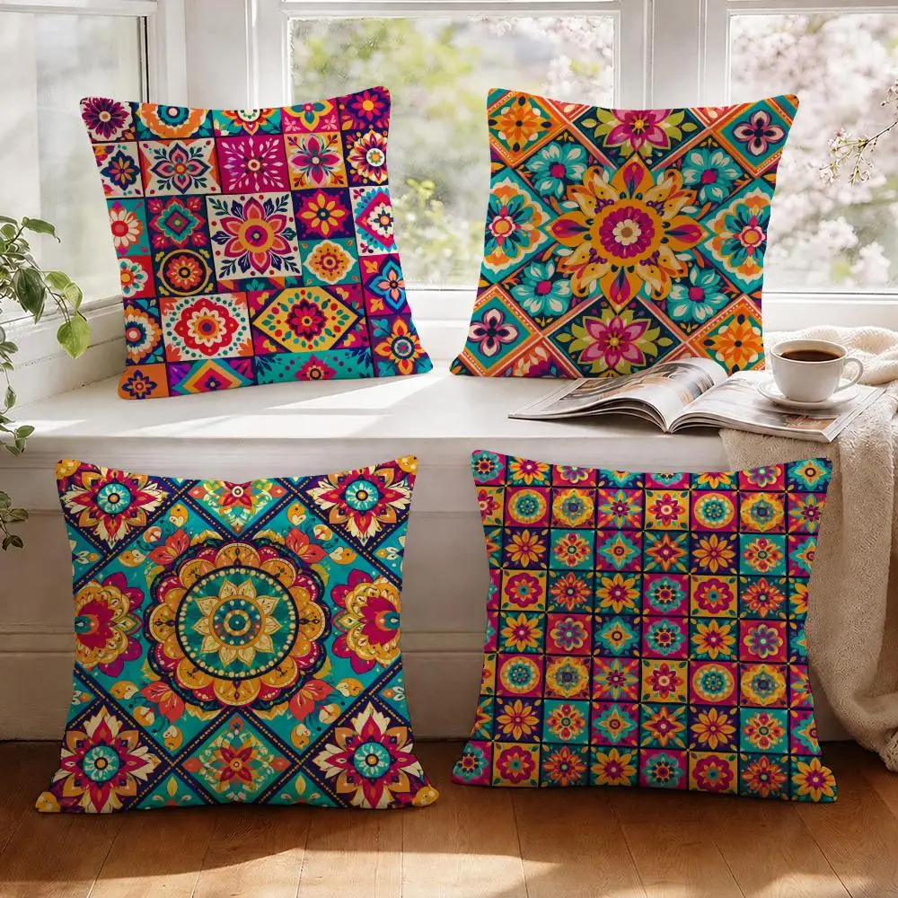 Folk Mandalas Intricate Colorful Cushion Cover 1/4Pcs Linen Throw Pillow Covers Double-Side Print Sofa Couch Living Room Decor