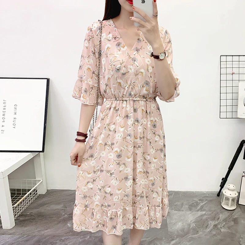 Boho Flower Chiffon Beach Dress Women Summer Short sleeved V-neck Casual Ruffle Midi Long Dress