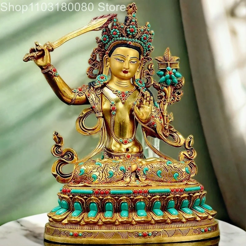 Nepal inlay Copper gilding Manjusri Bodhisattva sculpture Tibet Manjushri buddha statue,47cm,31cm,21cm