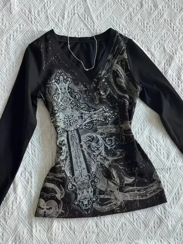 2000s Vintage Y2k Women T-shirts White Grunge Graphic Long Sleeve Shirts Harajuku Y2k Korean Aesthetic Streetwear American Retro image 5
