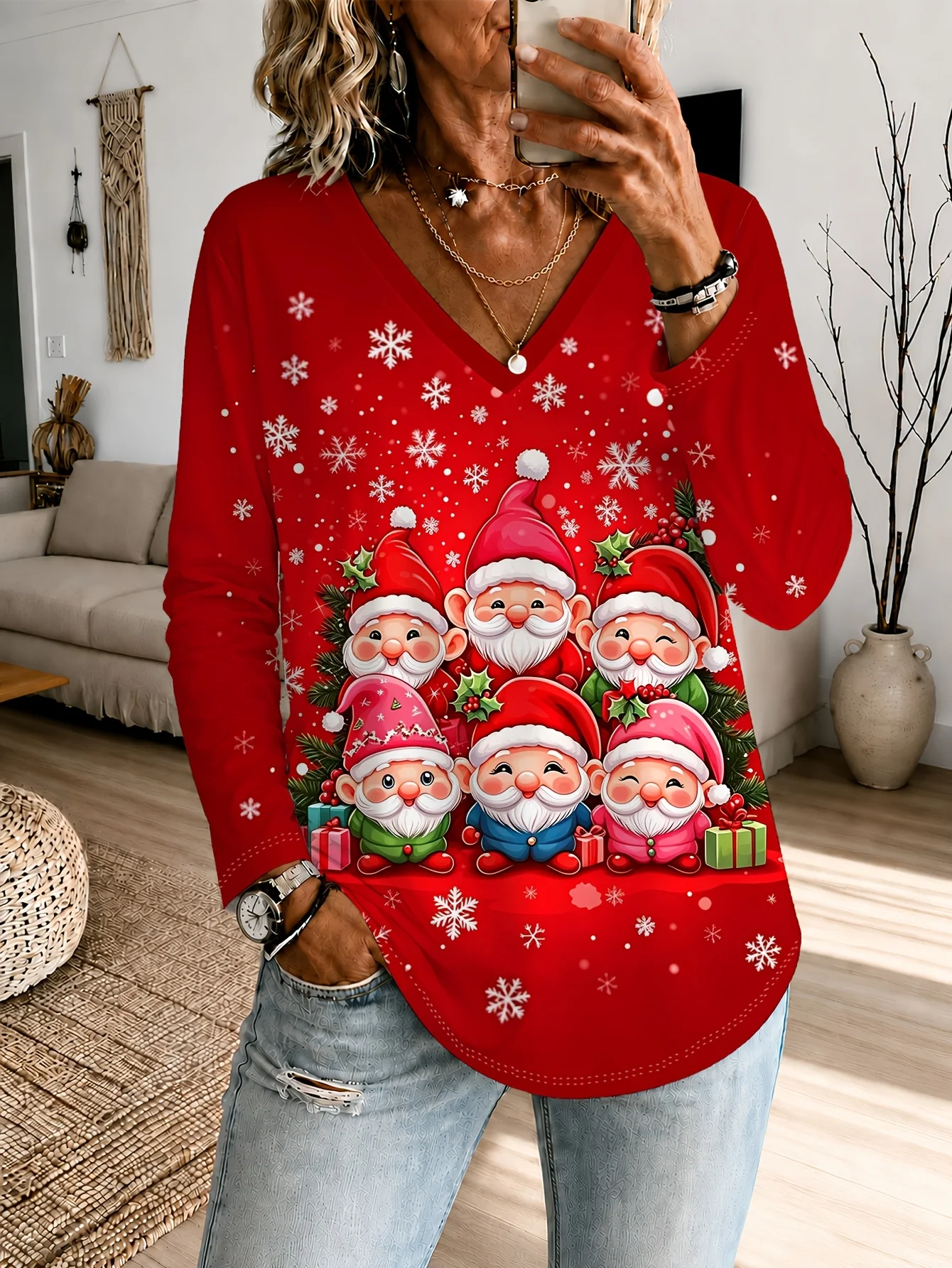 Women Long Sleeve Top Christmas Black Cat Gift Wreath Snowflake Print V Neck Casual Daily Party Tee Women's Clothes