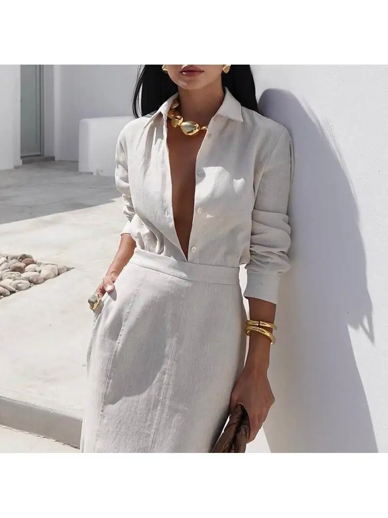 

Осенний комплект юбки Ele Irt для похудения, юбка с высокой талией, длинный топ на пуговицах и юбка свека, комбинированная для женщин