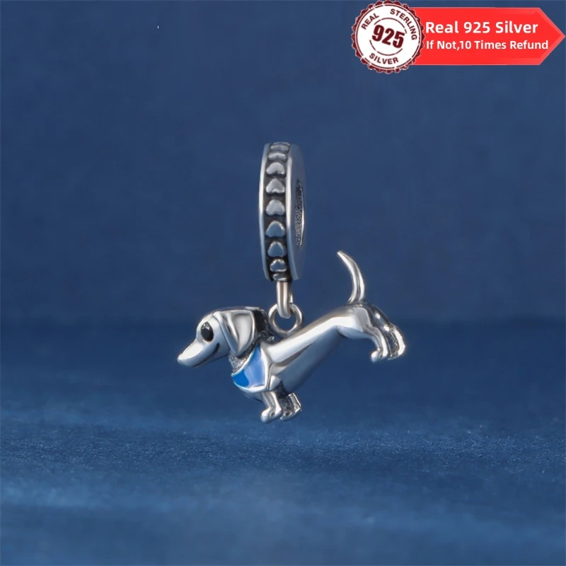 Real 100% 925 Sterling Silver Dachshund Puppy Pendant Charms Cute Beads Zircon Pendant For Original Bracelet DIY Jewelry