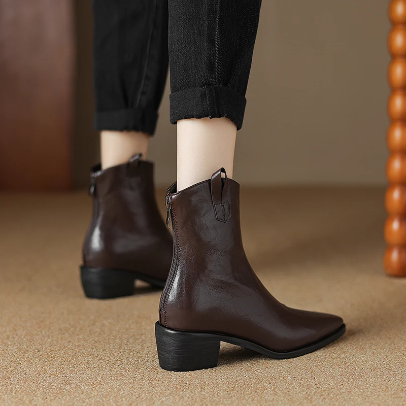 Petite Feet Fake Leather Women Ankle Boots Back Zipper Black Brown High Block Heels Autumn Oversize Square Toe Western Boots