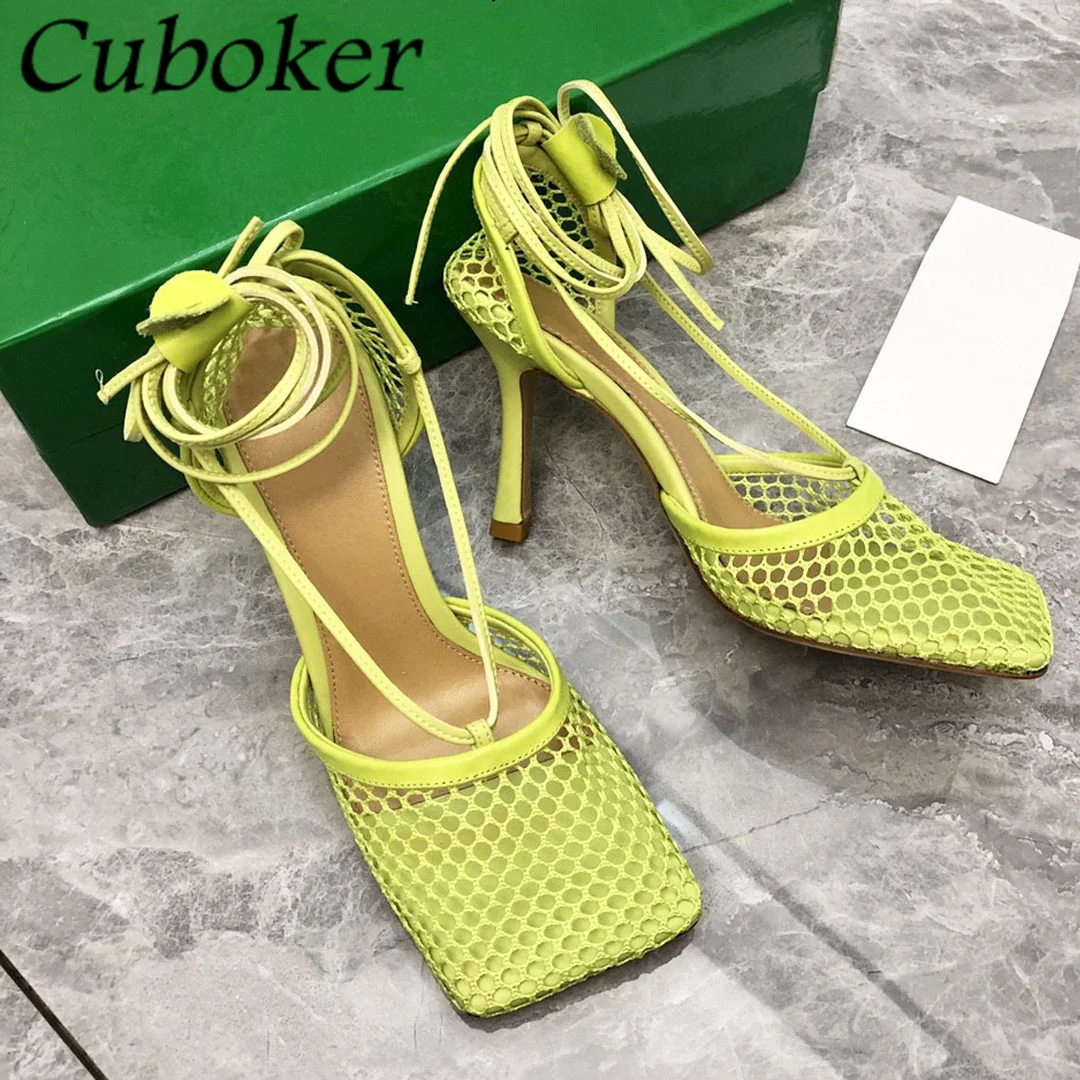 2022 New Brand Runway Women High Heel Net Mesh Crystal Sandals Ankle Strap Pumps Square Toe Summer Party Dress Women Shoes mujer