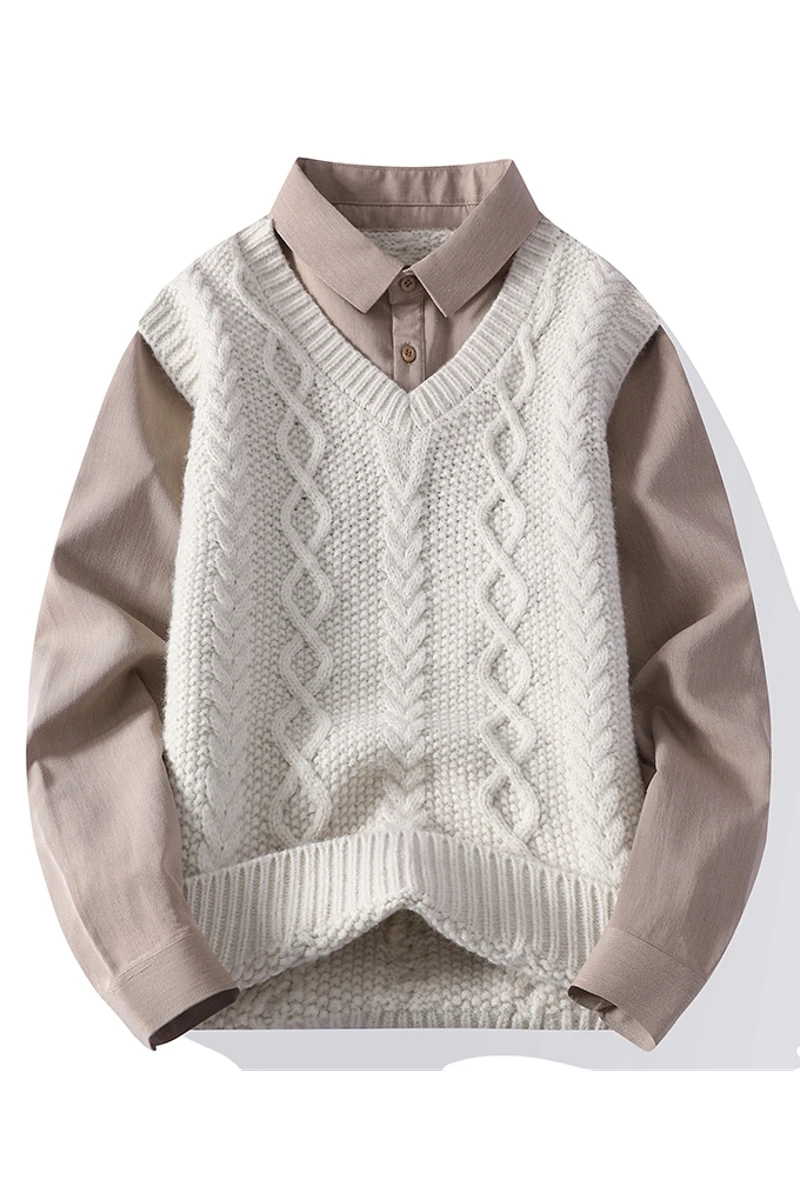 Autumn Winter British Style Retro Long Sleeve Fake Two-Piece Knitted Sweater Handsome Versatile Sweater Business Casual Youth Me
