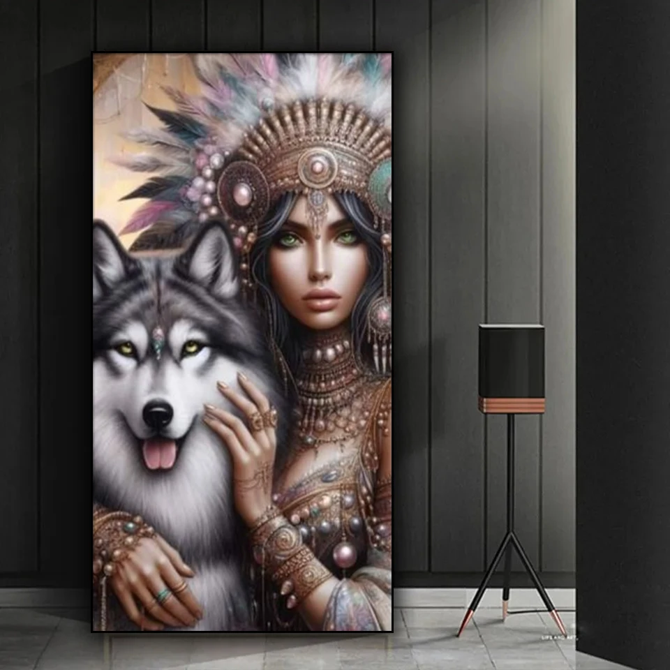 Wolves and Indian Women Diamond Painting Kit with Full square Round Diamonds DIY Full Drill Craft Set for Home Wall Decor Gift