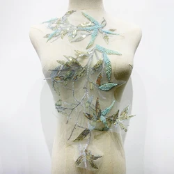 1 Pc Tasteful Sequin Bead Green Embroidery Bamboo Leaves Patches Fabric For Clothing Accessories Sewing Applique Handmade Crafts