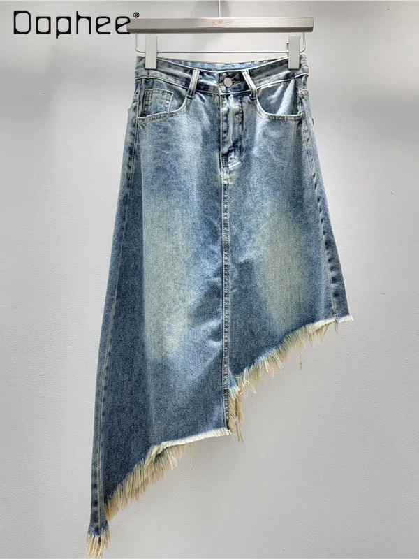 

Irregular Raw Edge Retro Denim Skirt Women 2024 Summer New High Waist A Line Long Skirt Vintage Y2k All Match Jeans Skirt