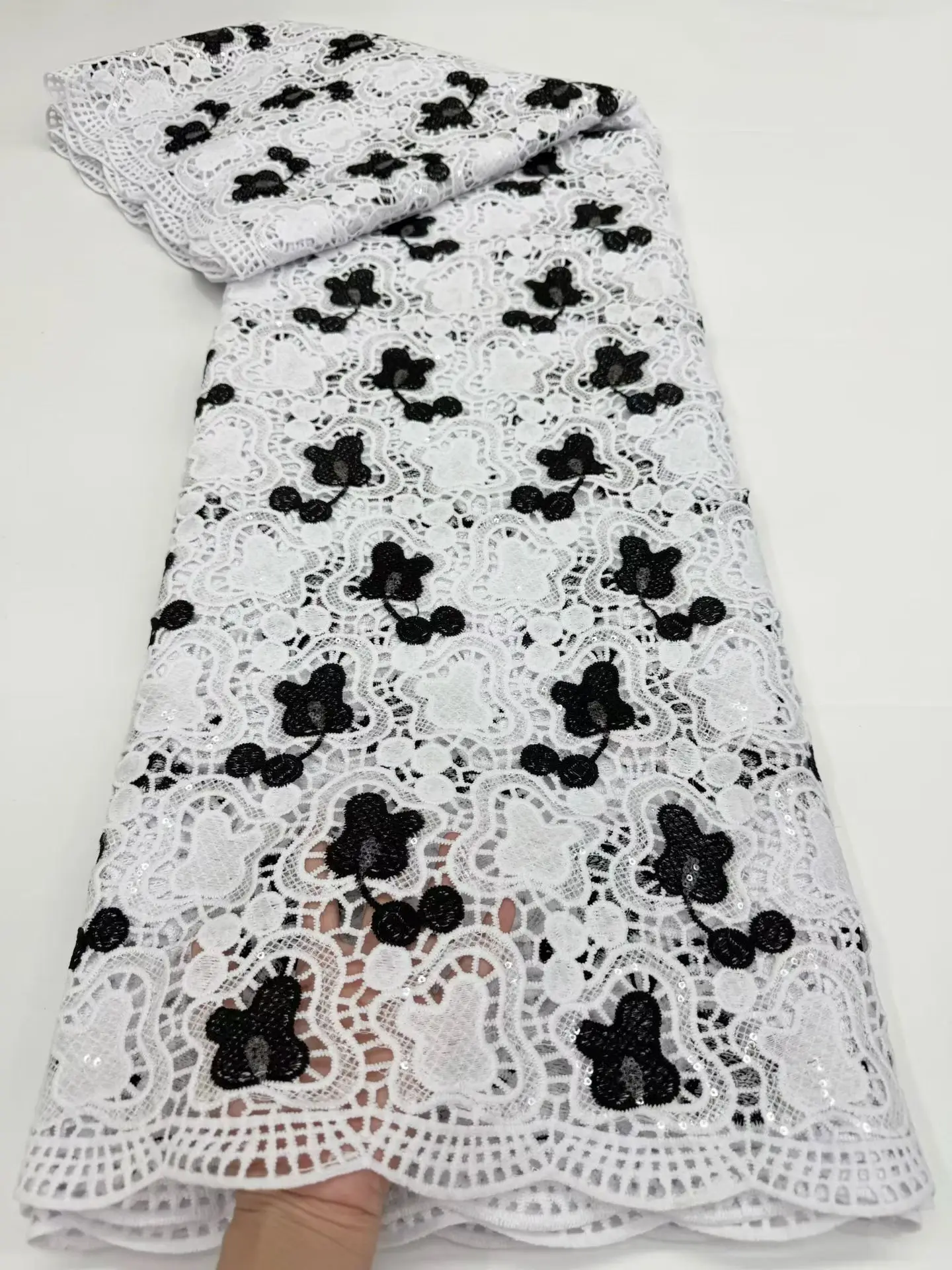 

Mccarthy 2022 Latest Black Guipure Cord Lace Fabric African High Quality with Milk Silk Nigeria Cord Lace Fabric For Wedding