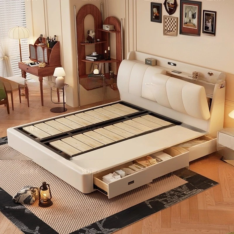 

Italian minimalist multi functional cloud bed, solid wood storage leather double bed, cream wind
