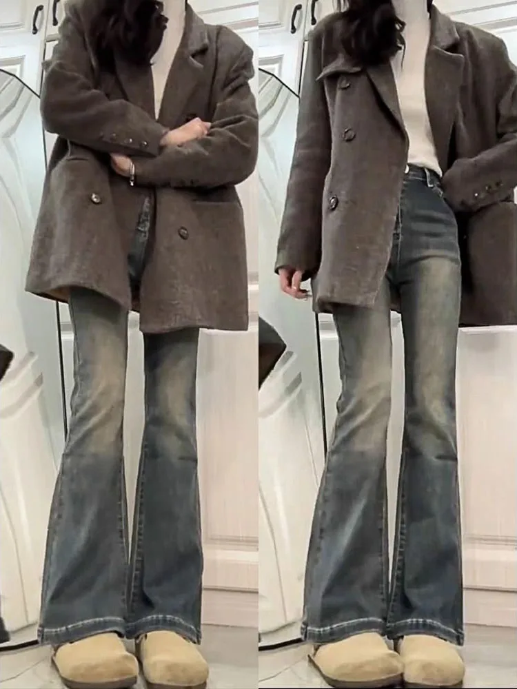 

Американские ретро джинсы-колокольчики с высокой талией, женские эластичные брюки больших размеров, длинные джинсы для похудения