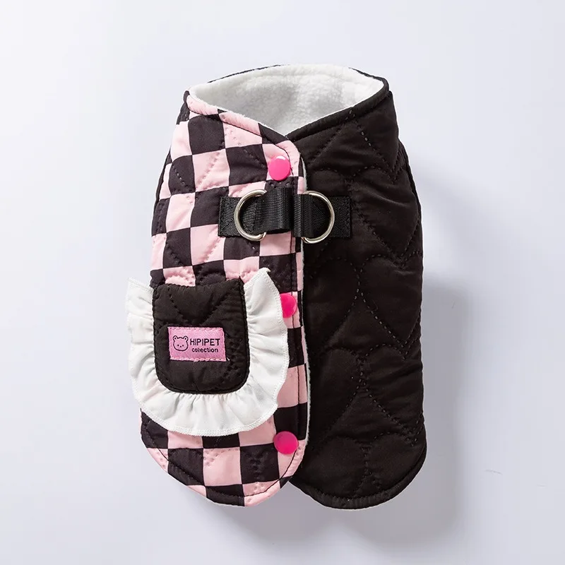 Maltese Patchwork Checkered Pocket Vest Winter Pet Puffer Jacket Teddy Button-Up Warm Down Coat Dog Stuff