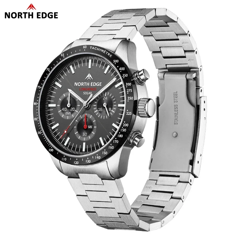 NORTH EDGE 2026 LONGWINGS Men Quartz Watch Solar Powered Stopwatch Waterproof 50M 316 Full Stainless Steel Luminous Pilot Watch