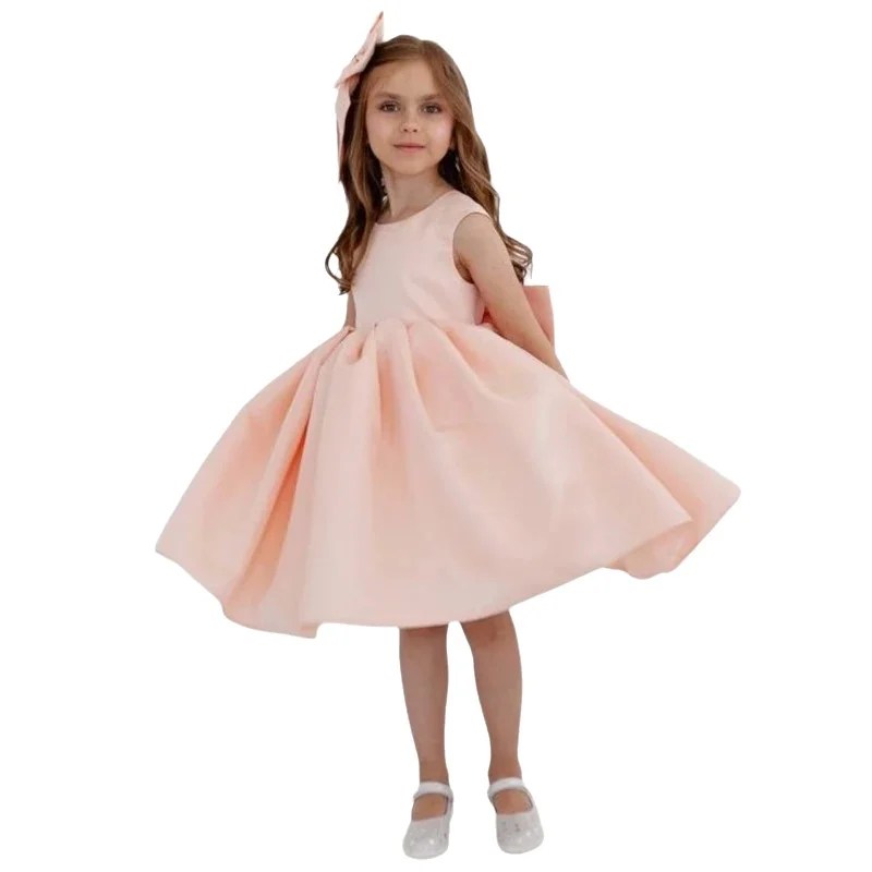 

Girl's Pink Satin Wedding Party Dress Round Neck V-back Knee Length Birthday Dress with Bows Ball Gown for Toddler Kids 1-12Yr