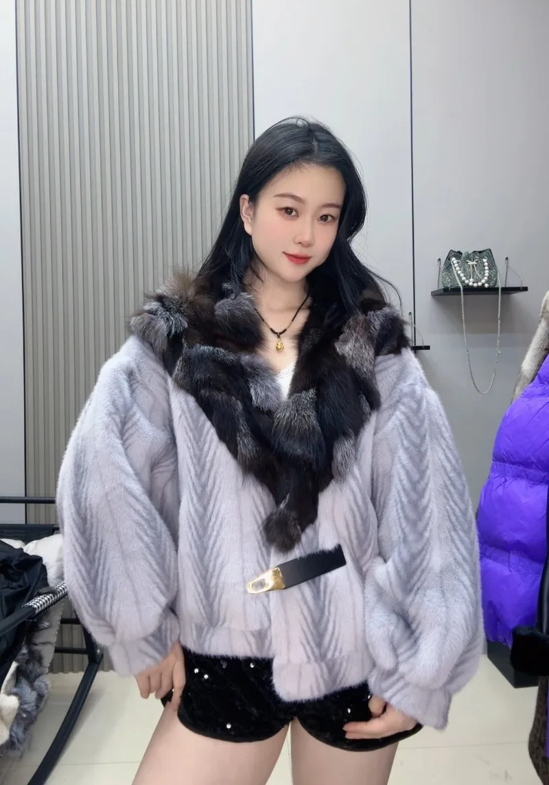 2025 Winter New Cross Pattern Fox Fur Collar Short Exquisite Jacket Fashionable Casual Woolen Coat Outerwear For Women's Clothes