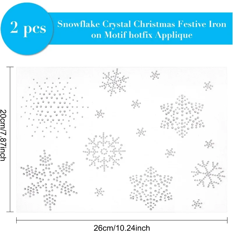 2 Sheet Snowflake Iron on Rhinestone Transfers Iron on Hotfix Applique with 16Pcs Snowflakes Pattern Decal Snowflake