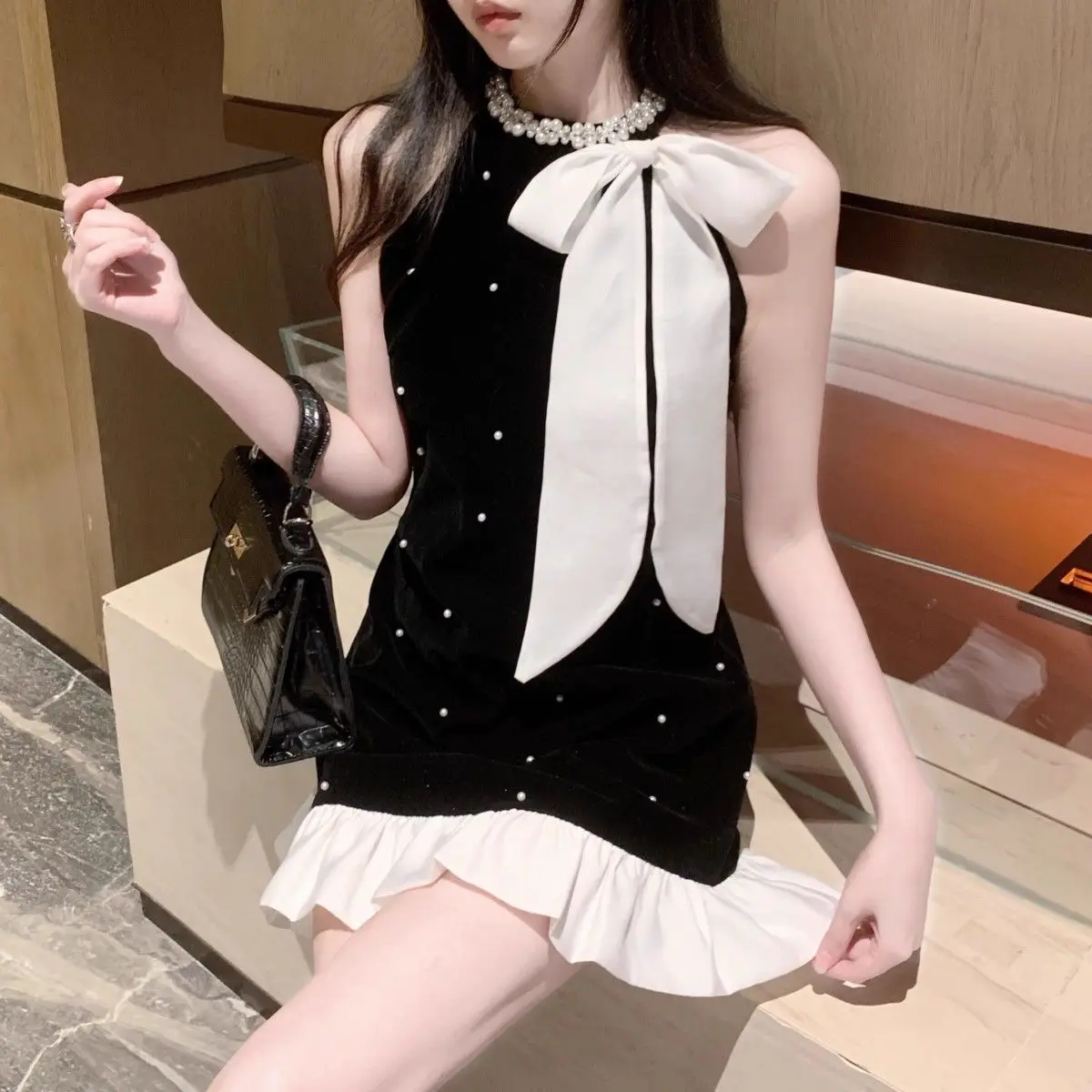 Black Bowknot Halter Neck Loose Dress for Women Spring Summer A-Line Dress with Beaded Elegant Evening Dress