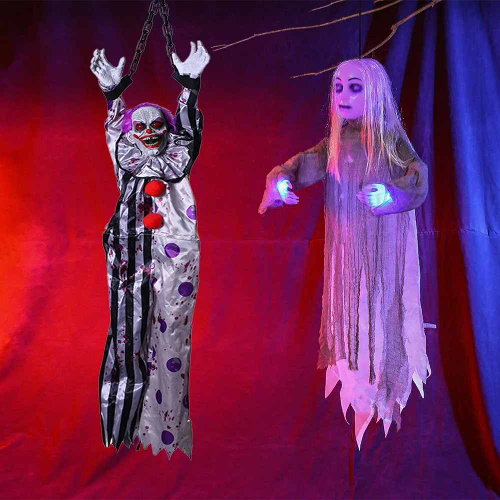 

Electric Voice Controlled Suspension Ghost Clown Ghost House Terror Hanging Skull Halloween Hanging Female Ghost Decoration