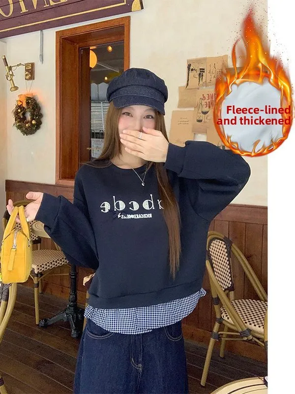 

Модная женская толстовка с флисовой подкладкой в корейском стиле, осенне-зимняя новинка, свободная теплая кофта в клетку с вышивкой и круглым вырезом