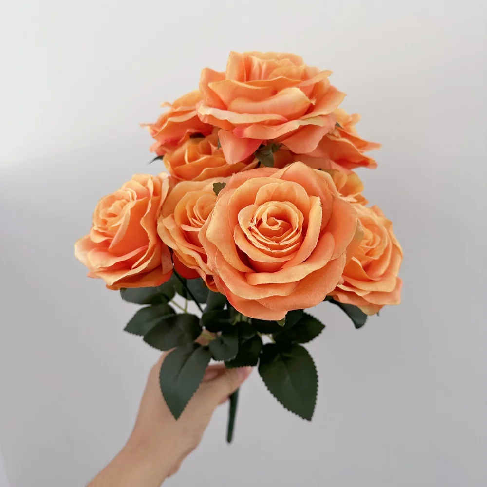 9 Köpfe Seidenrosen Blumenstrauß Künstliche Blume Orange Gelb Brautrose Gefälschte Rose Wohnzimmerdekoration Hochzeit Valentinstag – Detail 6