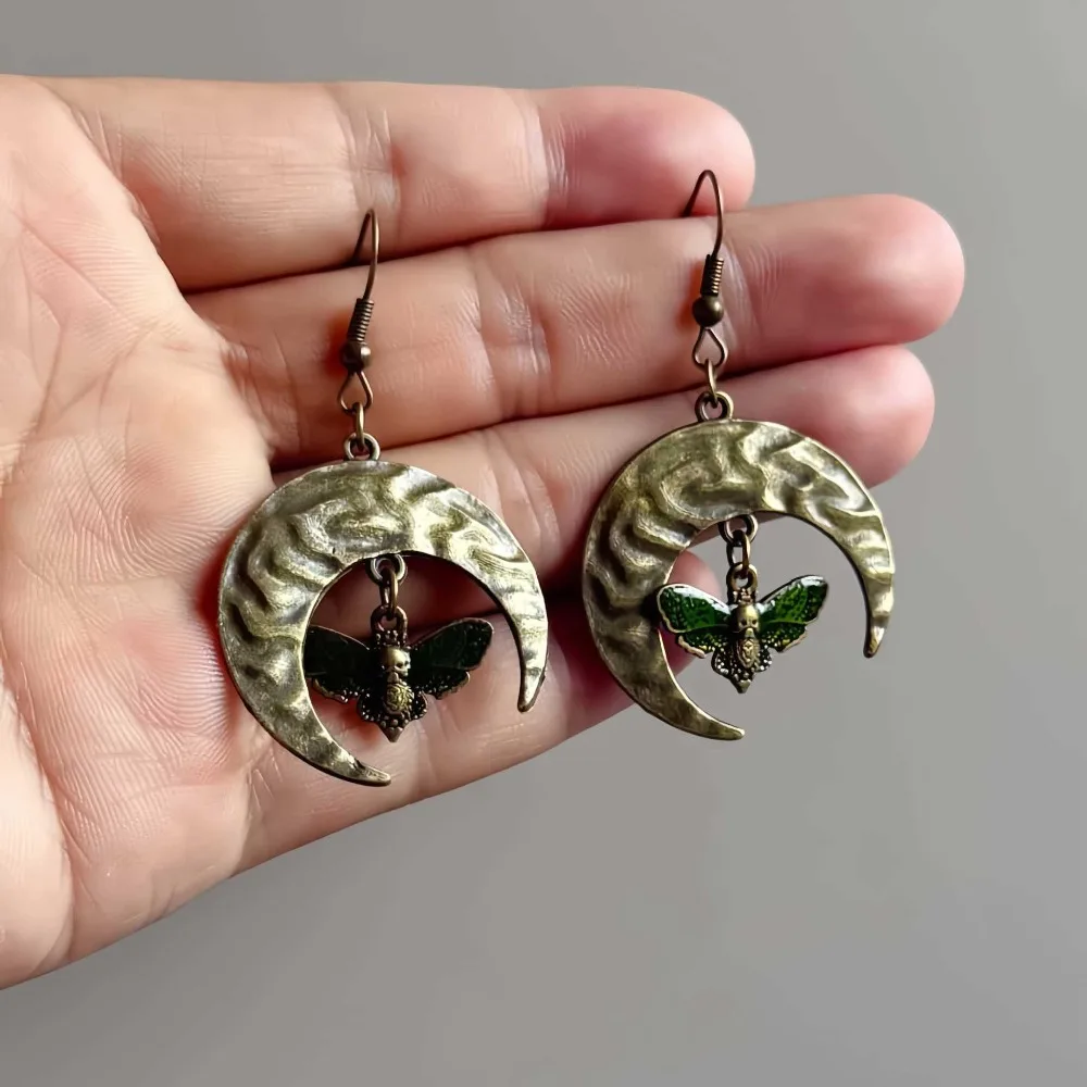 Retro Bronze Tone Crescent Moon Moth Dangle Earrings Red Green Enamel Death‑head Moth Drop Earrings Goth Pagan for Women Jewelry view 6