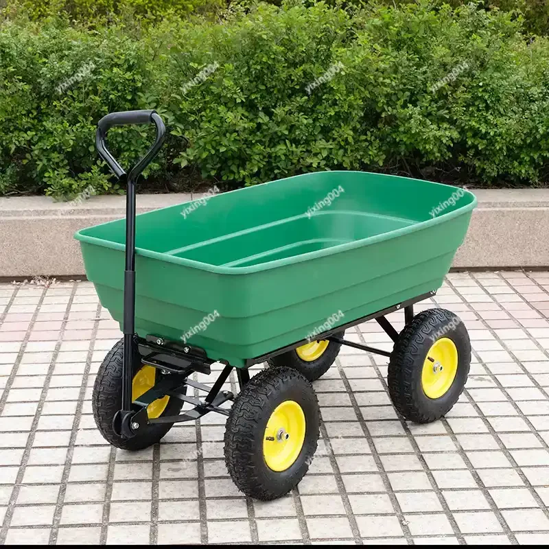 Hand Pull Plastic Dump Wagon 4 Wheels Flat Trolley For Farm Home Cargo Transportation