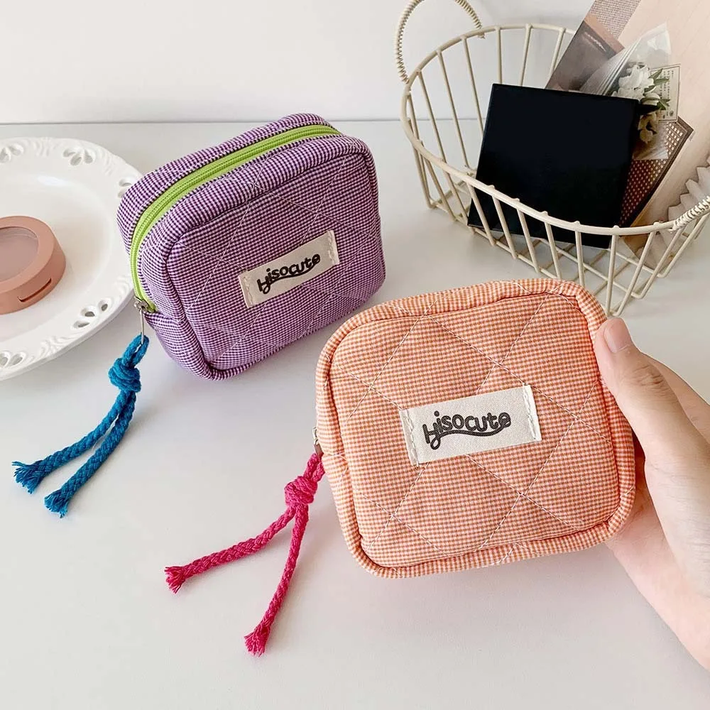 Grid Pattern Mini Cosmetic Bag Coin Purse Wallet Cosmetic Accessories Travel Toiletry Pockets Short Makeup Brush Storage