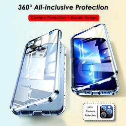 Full Lens Protect Double Sided Glass Magnetic Clear Case Luxury Metal Frame Case For iPhone 15 14 16 Plus 13 12 11 Pro Max Cover