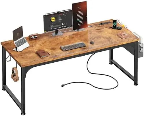 63 x 24 inch Large Computer Desk, 24mm Thick Desktop with Power Outlets, RGB LED, Office Desk with Detachable Stand