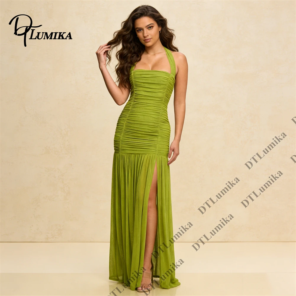 DTLumika Ruched Evening Dress for Women 2026 Elegant Square Neck Bodycon Mermaid Slit Party Date Night Gown Customized Size