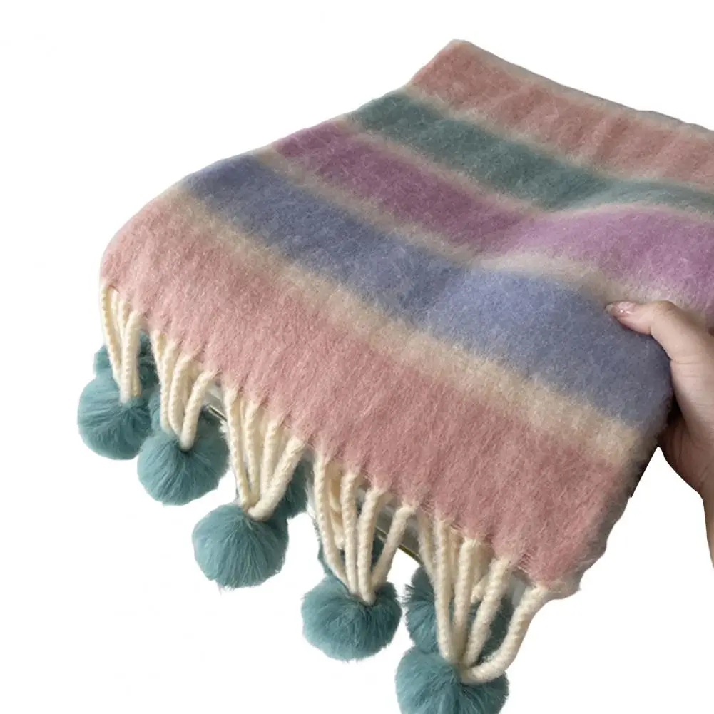 

Женский полосатый шарф с плюшевыми шариками и кисточкой для зимы, утолщенный теплый шарф для пар, модный аксессуар, шаль