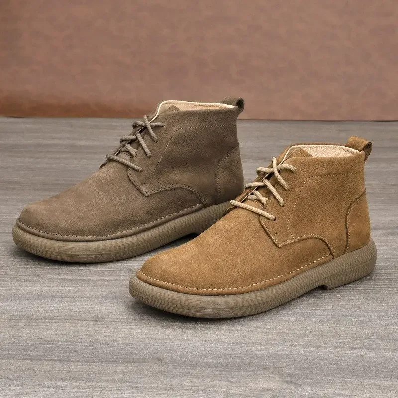 Retro Men's  Boots Frosted Soft Leather Wide Head Soft Bottom Leather Vintage Casual Shoes Comfortable Breathable