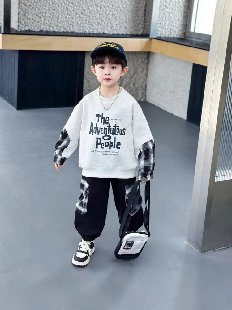 Autumn Outfit Cool Kids Suit 2-10Years Big Boys Plaid fabric Patchwork Sweatshirt+ Pants 2pcs Sets Children Fashion Jogging Suit