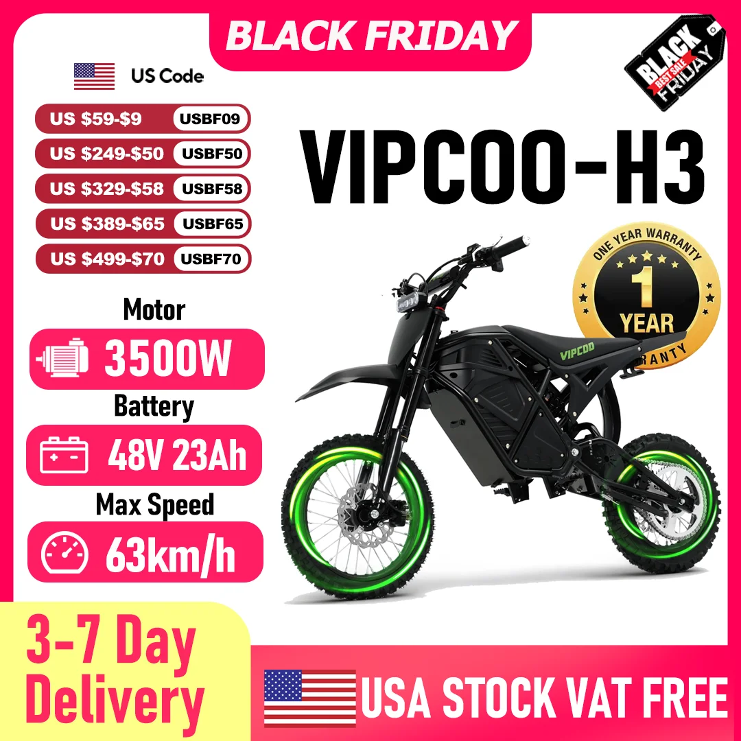 

【1 Year Warranty】VIPCOO H3 Electric Motorcycle 3500W Motor 48V23AH Battery 63KM/H 40-70KM Range Hydraulic Brakes Electric Bike