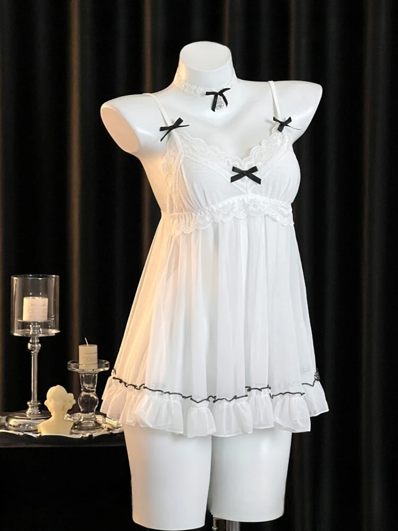 

Белая сетчатая сказочная ночная рубашка, прозрачная одежда для сна на шее для женщин, элегантный тюлевой наряд, легкий романтический домашний пижамный комплект