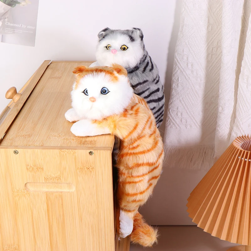Realistic Furry Hanging Cat Simulation Plush Cat Doll Cabinet Hanging Cat Animal Figurines Model Plush Doll Ornament Home Decor