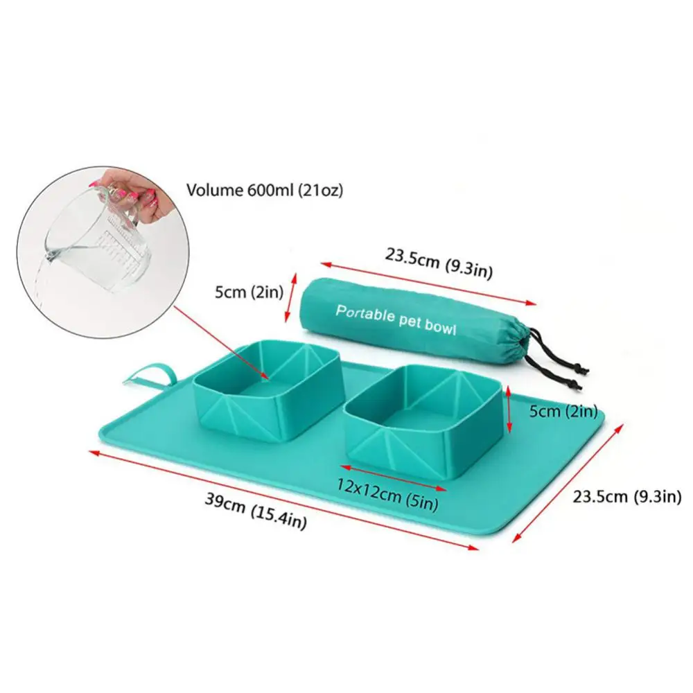 Pet Bowl 600ml Cat Dog Pet Bowl Folding Silicone Double Bowl Flannel Bag Dog Bowl Outdoor Puppy Food Container Portable Pet Bowl