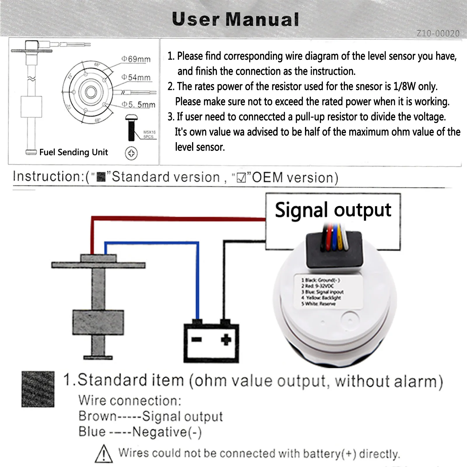 Wasserstandsanzeige-Sensor 0–190 Ohm – 350 Mm, IP67, Für Kraftstoff- Und Wassertanks, Boot & LKW