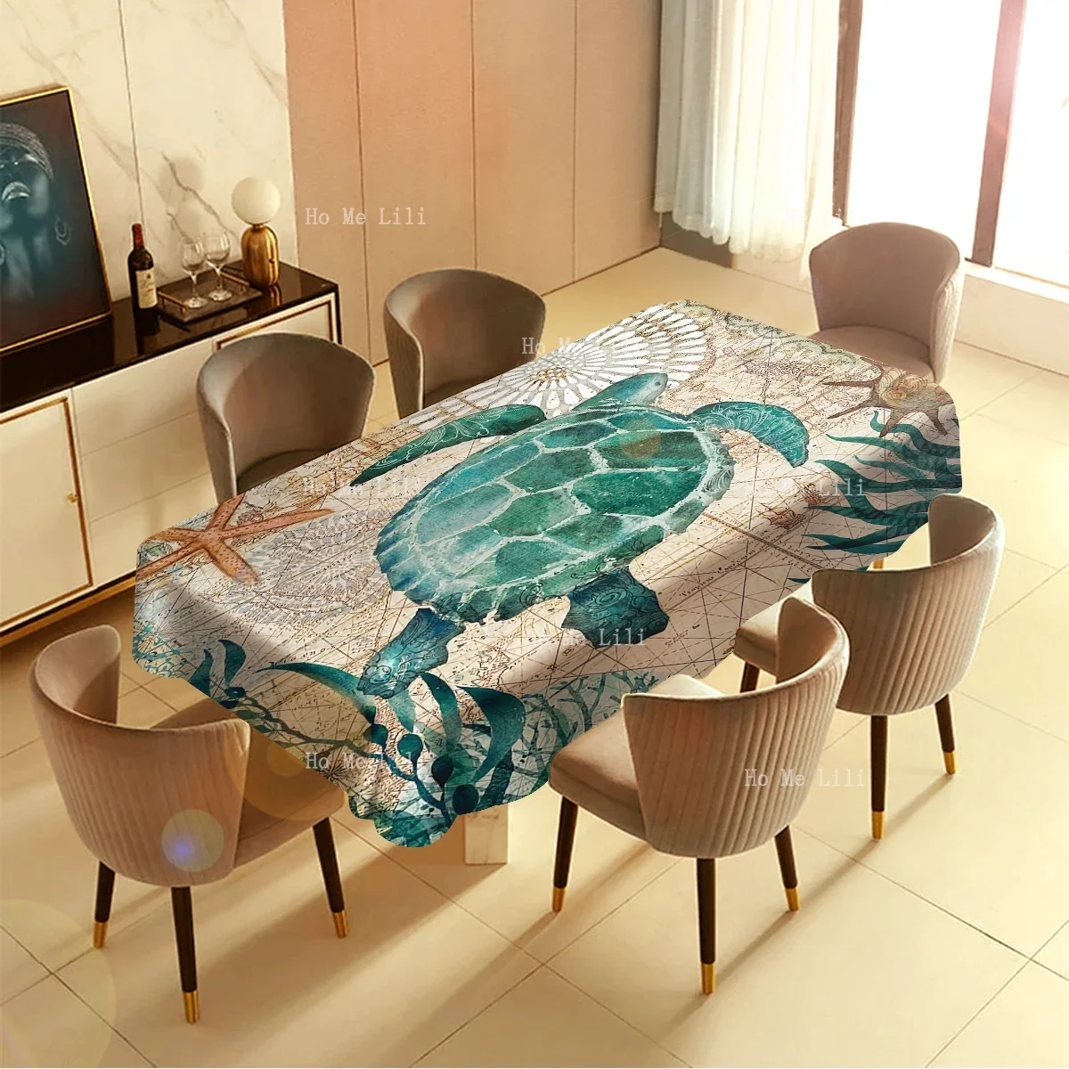 Sea Turtles And Starfish And Seaweed In The Underwater World Have Unique Features.Rectangle Tablecloth