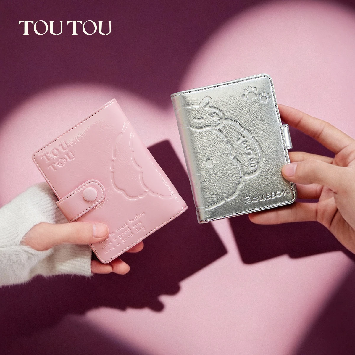 TOUTOU pink Rousson Dog Embossed Patent Leather Card Holder, Cute Multi-Card Slot Wallet, Couple Style Small Purse for Women